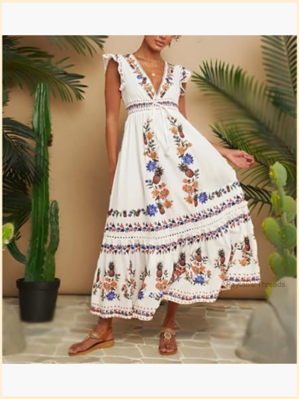 V Neck Cap Sleeve Maxi Dress Fruit Floral Print Elastic Waist Summer Casual - Picture 4 of 5